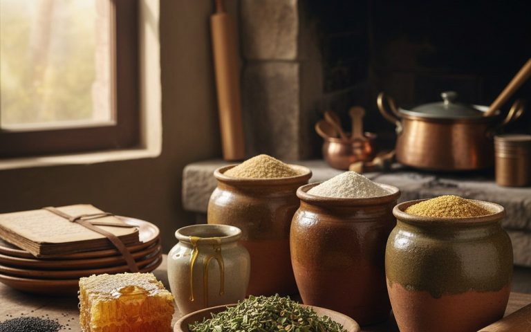 Ingrédients naturels pour recettes de grand-mère dans une cuisine rustique.