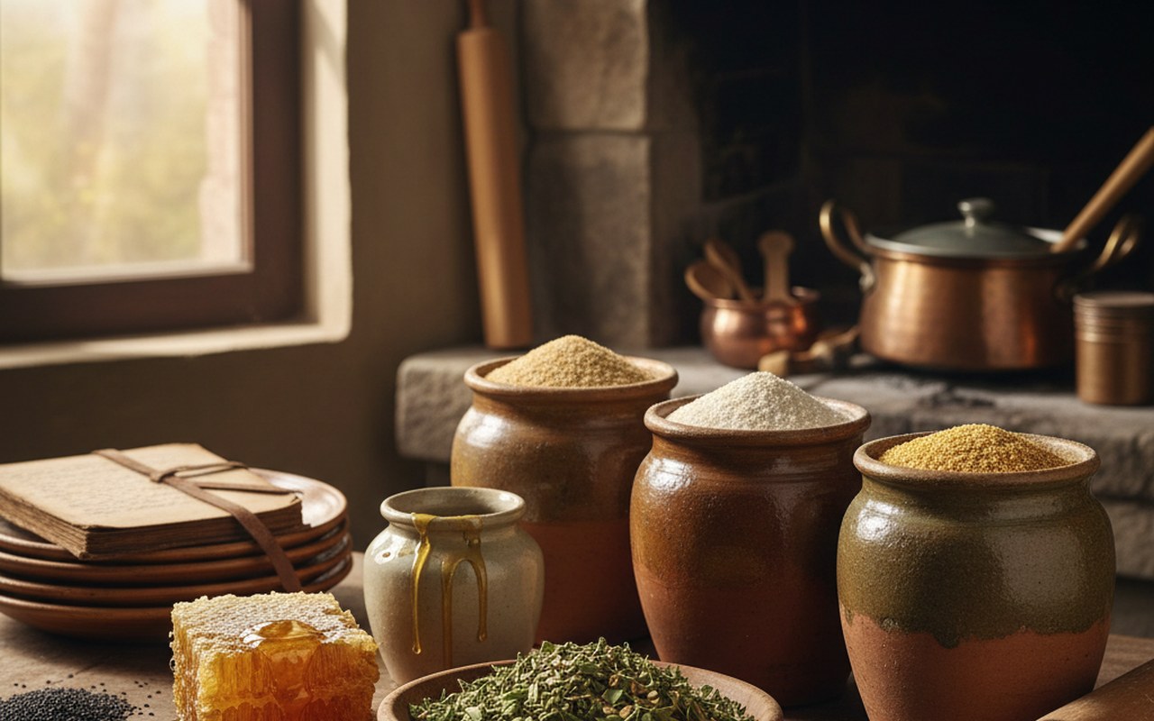 Ingrédients naturels pour recettes de grand-mère dans une cuisine rustique.