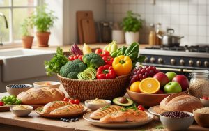Table de cuisine avec des aliments sains pour une alimentation équilibrée.