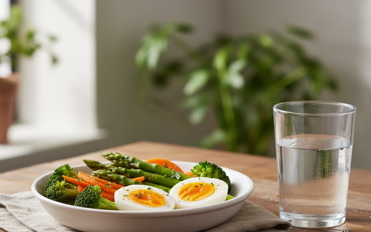Petit-déjeuner équilibré avec œufs durs et légumes cuits à la vapeur.