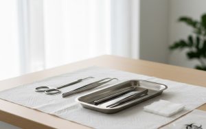 Espace de travail propre pour retirer des points de suture avec des outils médicaux stériles.