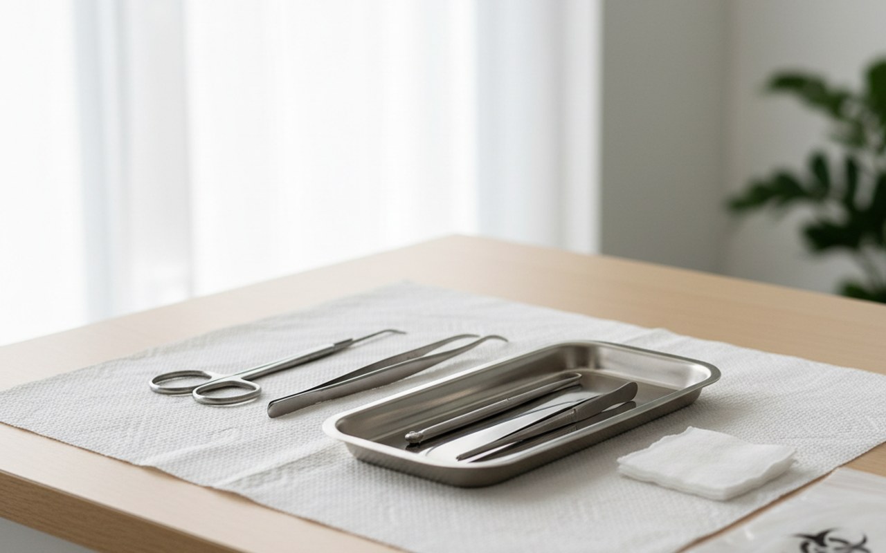 Espace de travail propre pour retirer des points de suture avec des outils médicaux stériles.