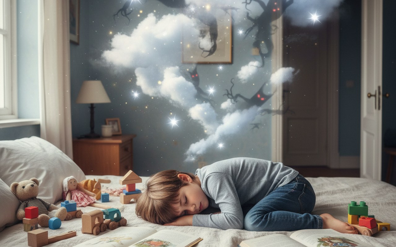 Un enfant rêveur entouré de jouets et de symboles de ses rêves.