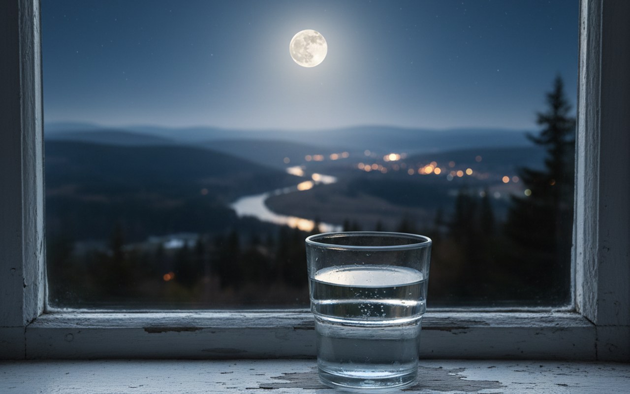 Verre d'eau sur un rebord de fenêtre sous la pleine lune, symbolisant un rituel spirituel.