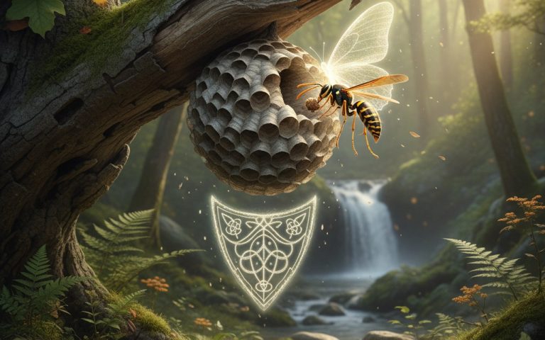 Une guêpe construisant son nid, symbole de protection et transformation spirituelle.
