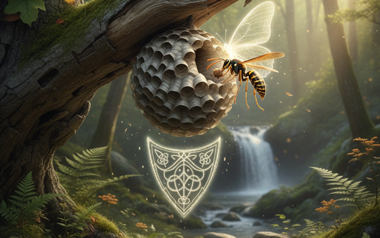 Une guêpe construisant son nid, symbole de protection et transformation spirituelle.