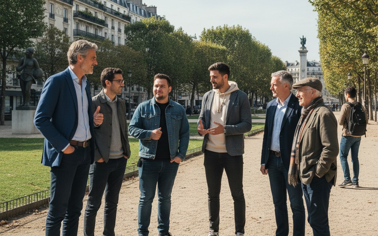 Hommes de différentes générations dans un parc, illustrant la taille moyenne en France.