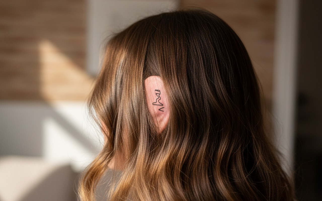 Tatouage minimaliste derrière l'oreille, symbole d'intimité et d'écoute intérieure.