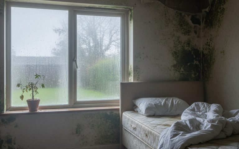 Chambre avec signes d'humidité élevée, condensation et moisissures visibles