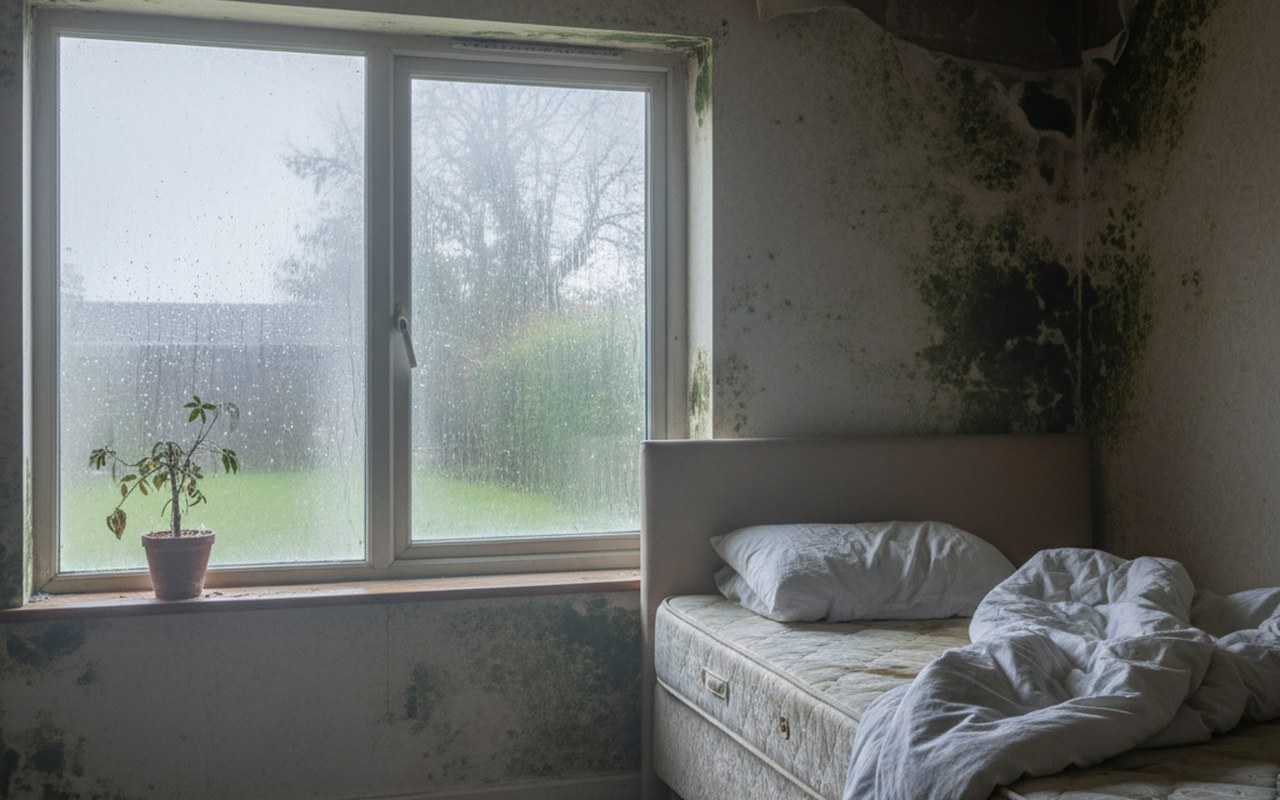 Chambre avec signes d'humidité élevée, condensation et moisissures visibles