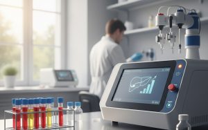 Laboratoire médical avec tubes de prélèvement pour le dosage des transaminases ALAT.