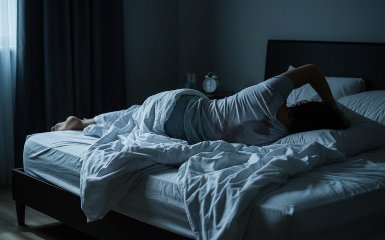 Personne se réveillant avec des draps trempés de sueur dans une chambre sombre.