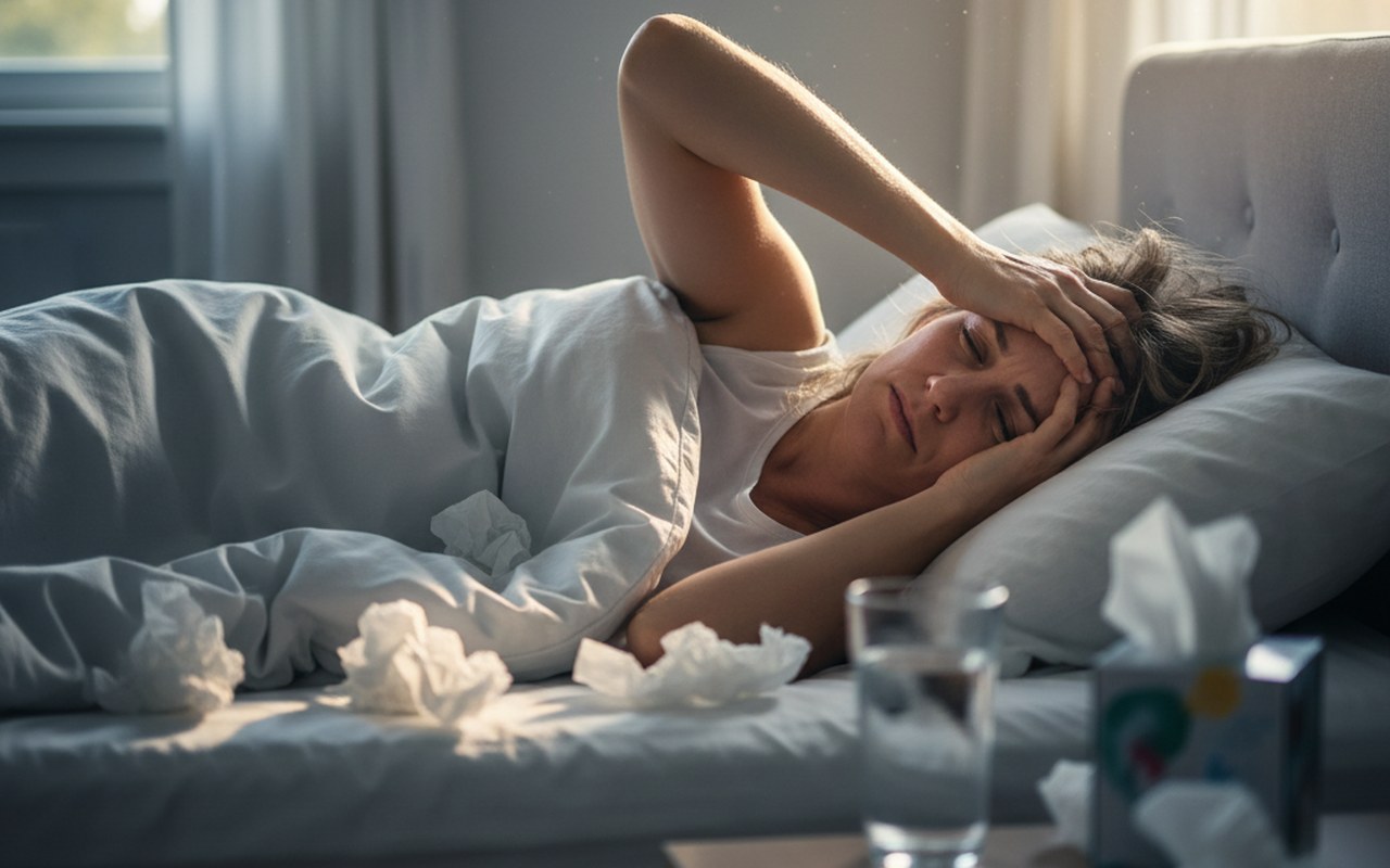 Personne allongée avec malaise, mouchoirs et verre d'eau à proximité, illustrant le vomissement nasal.