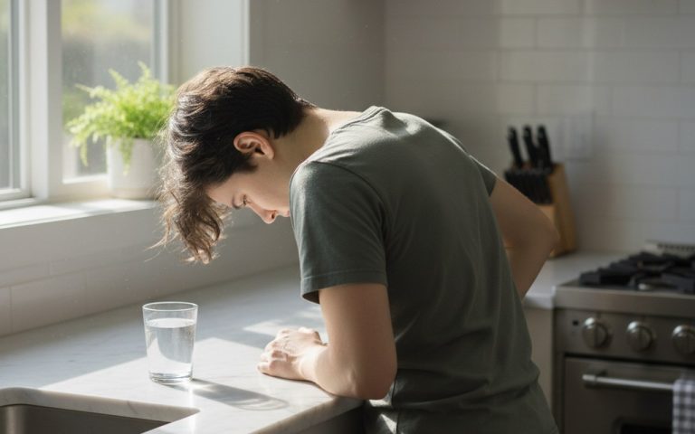 Personne mal à l'aise dans une cuisine, évoquant des nausées.