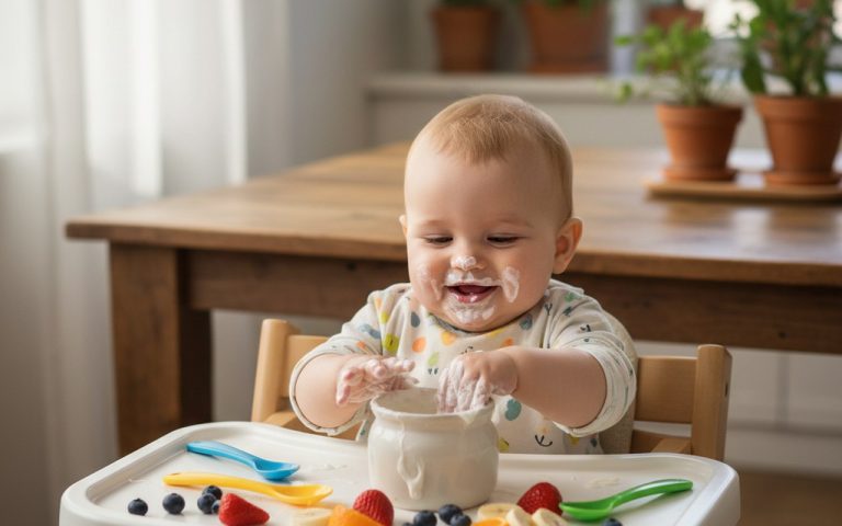Bébé découvrant un yaourt sans lactose avec des fruits frais.
