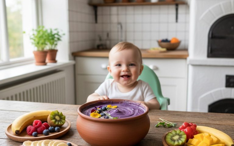 Bébé découvrant un yaourt végétal dans une cuisine lumineuse avec des fruits frais.